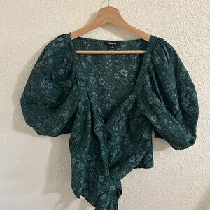 Madewell Green Floral Wrap Tie Blouse Puff Sleeve Top | Size M